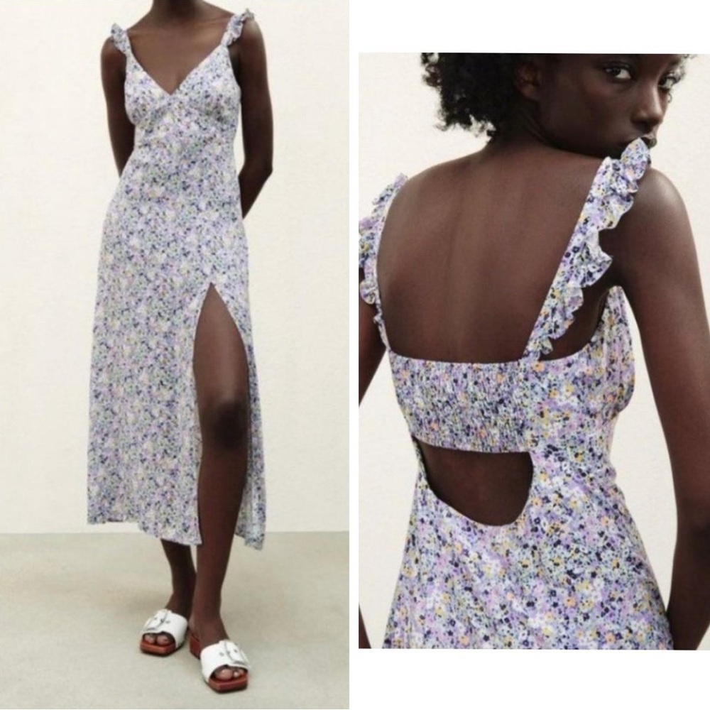 Zara Lavender Floral Midi Slip Dress with Ruffle Straps